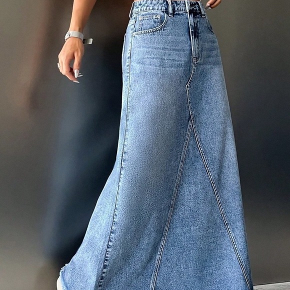 Boho blue jean denim high waisted maxi skirt - Picture 5 of 7